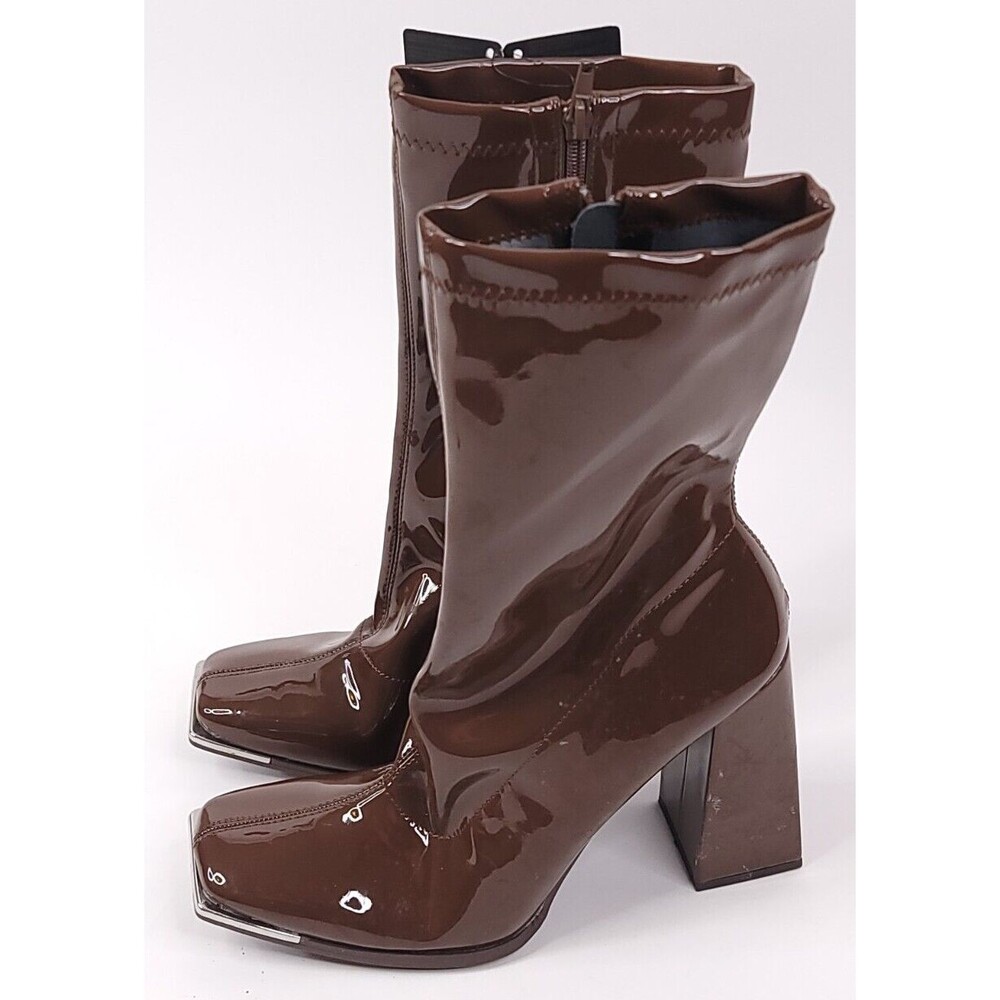 Forever 21 Boots Womens Size 10 Brown Ankle Bootie Zipper Glossy Block Heels